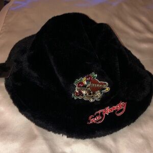 Ed Hardy Black Faux Fur Love Kills Slowly Bucket Hat OS NWT